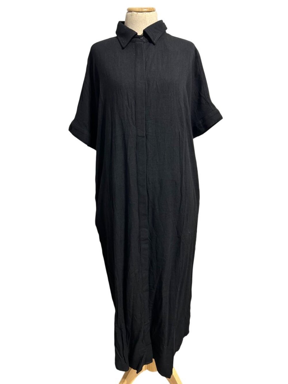 Bluivy Women's Sz M Black Linen Blend Midi Shirt Dress W/ Side Pockets